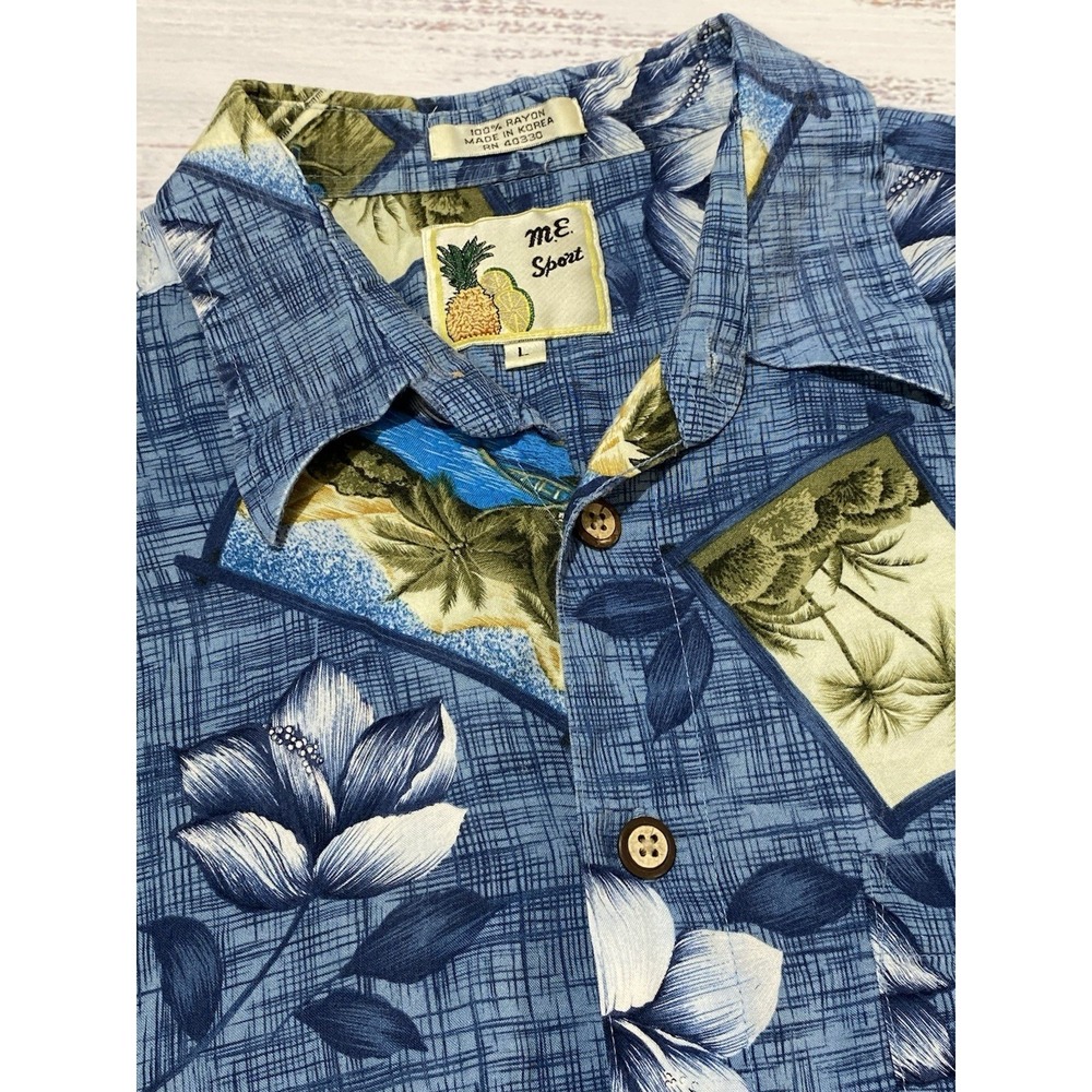 M.E. Sports Mens Blue Hawaiian Palm Tress & Flowers Button-Down Shirt Size Large
